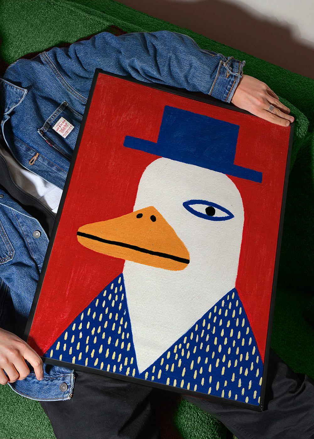 Portret kaczki w niebieskim kapeluszu