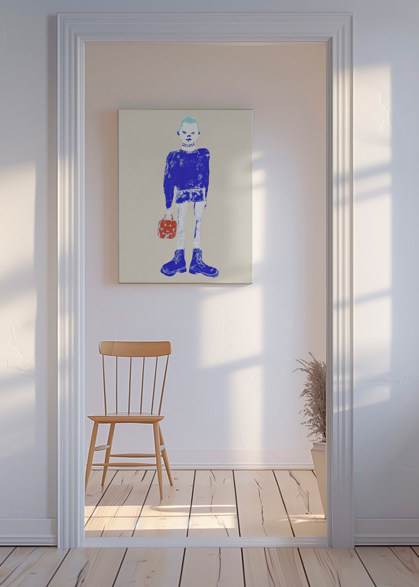 Ilustracja niebieskiej postaci z torbą