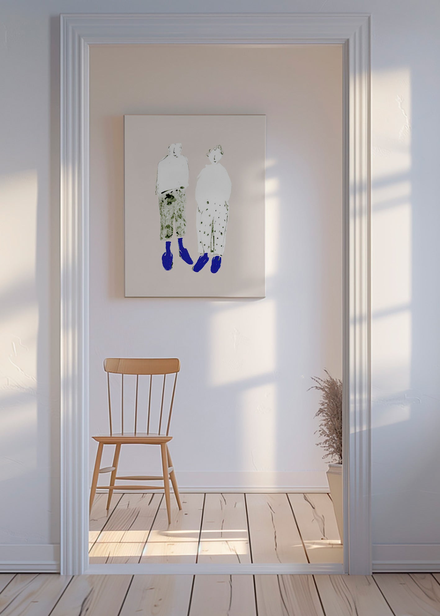 Minimalistyczna ilustracja pary z niebieskimi botkami