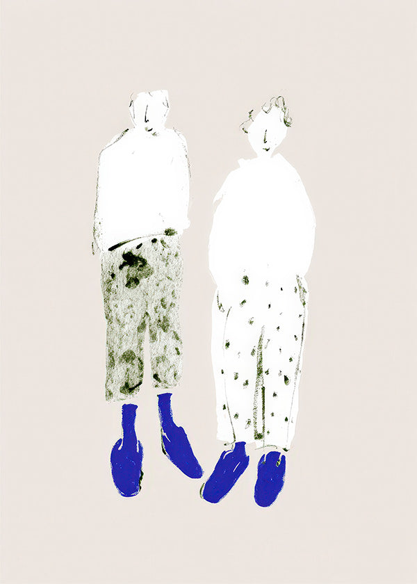 Minimalistyczna ilustracja pary z niebieskimi botkami