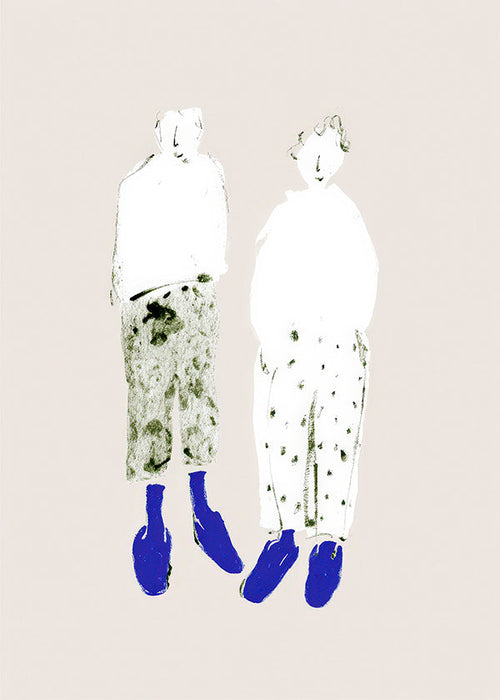 Minimalistyczna ilustracja pary z niebieskimi botkami