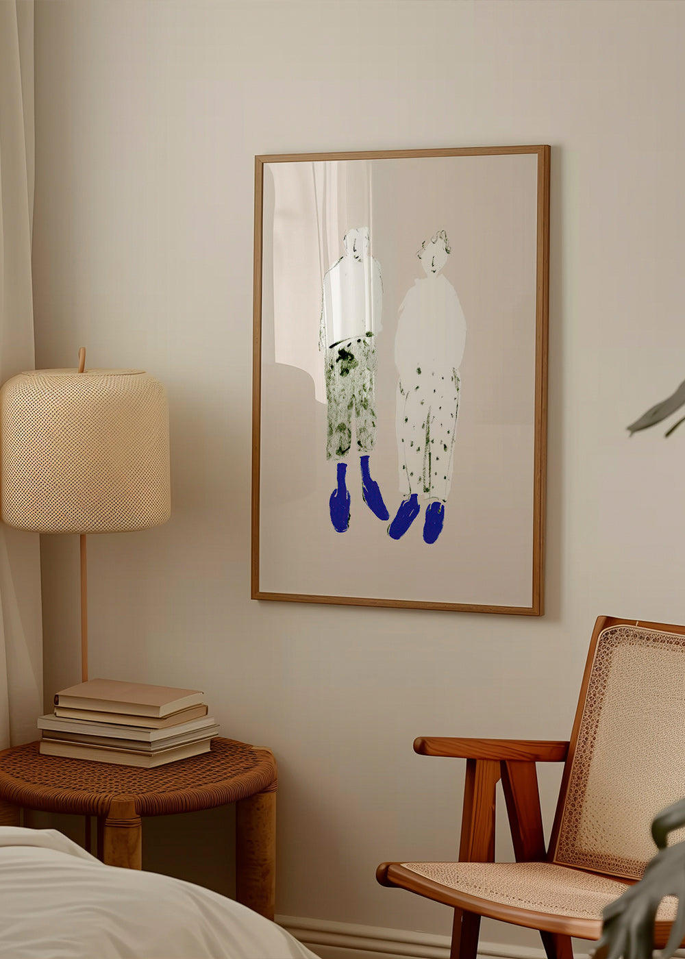 Minimalistyczna ilustracja pary z niebieskimi botkami