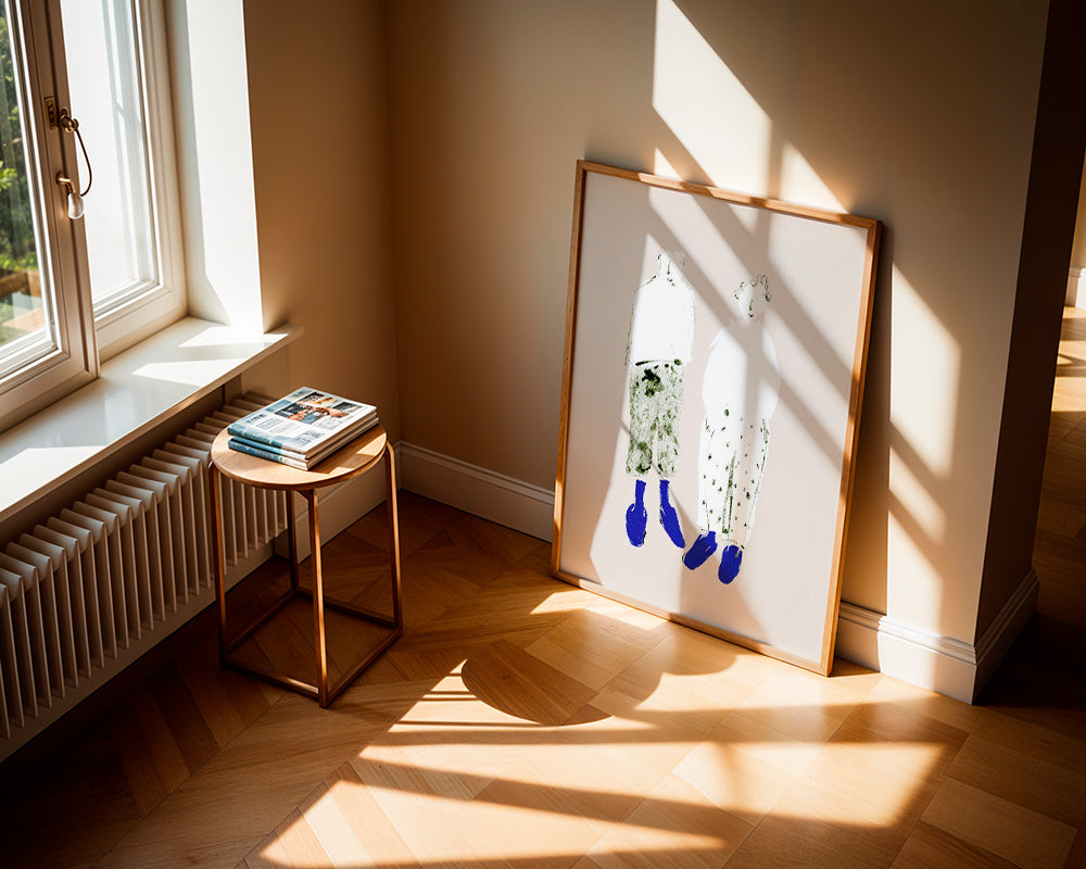 Minimalistyczna ilustracja pary z niebieskimi botkami