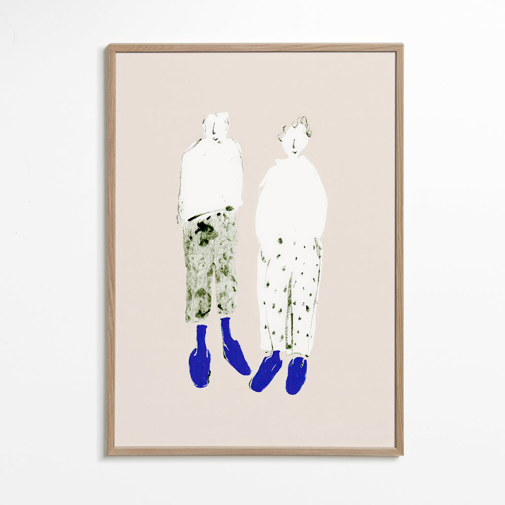 Minimalistyczna ilustracja pary z niebieskimi botkami