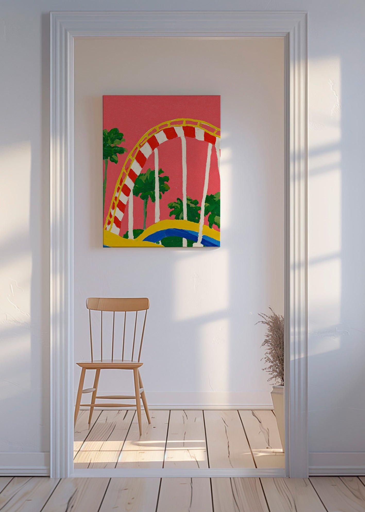 Plakat botaniczny z palmami i kolorowym łukiem