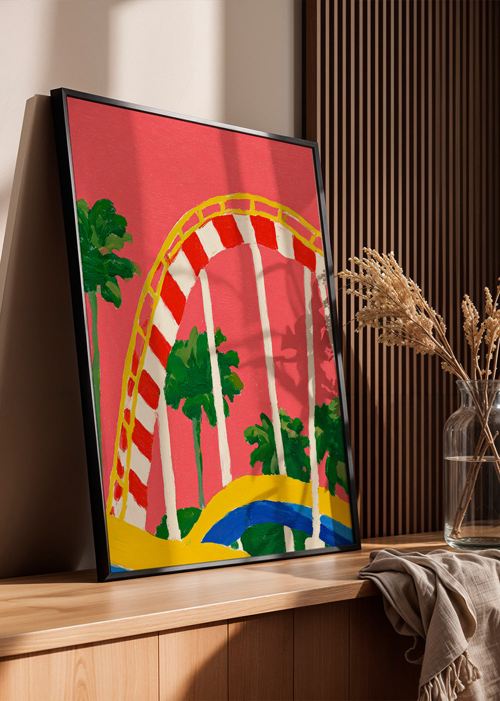 Plakat botaniczny z palmami i kolorowym łukiem