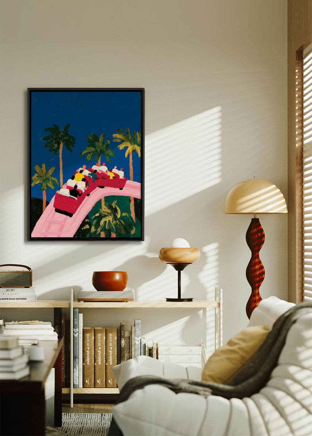 Plakat botaniczny z palmami i różową kolejką