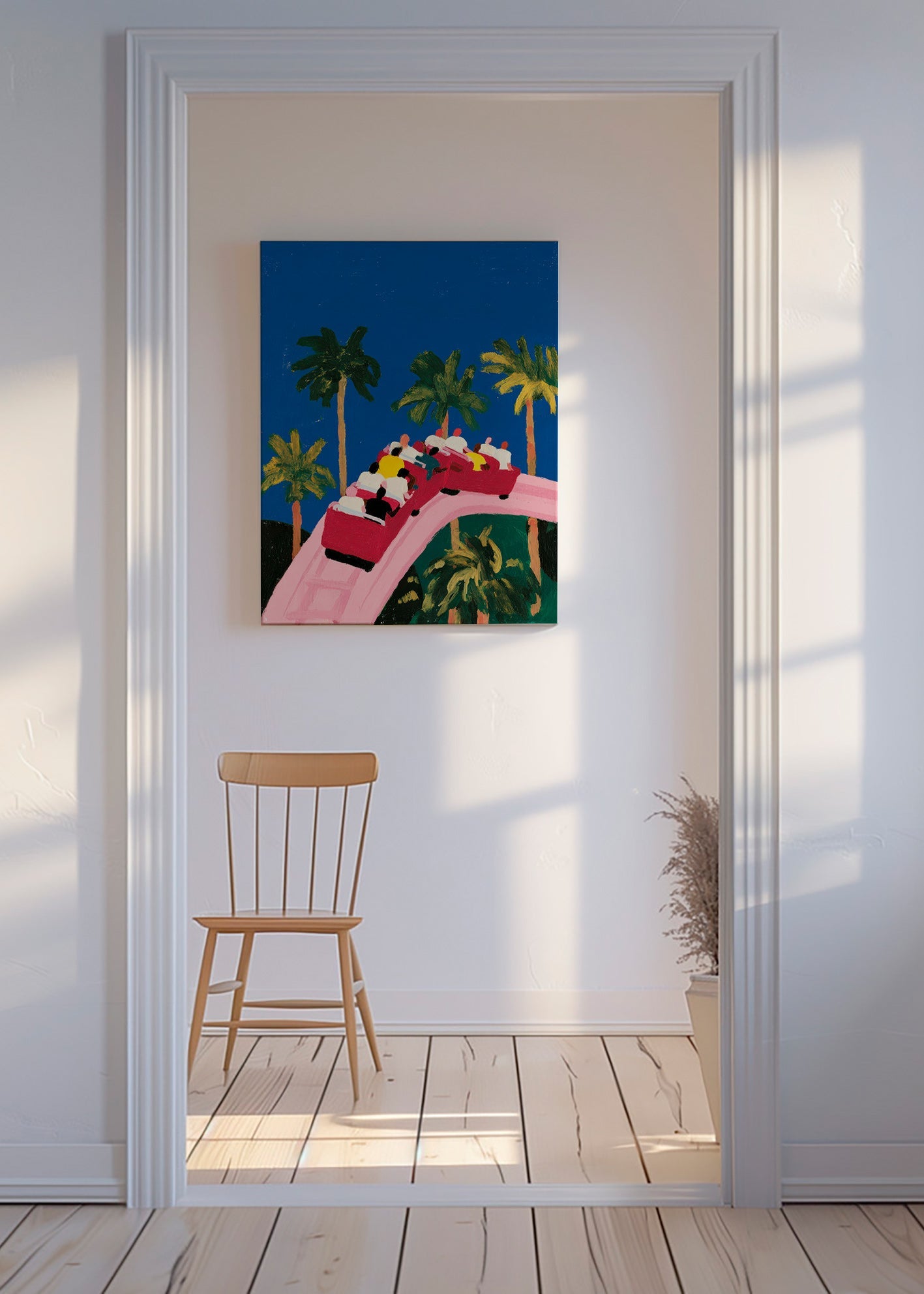 Plakat botaniczny z palmami i różową kolejką