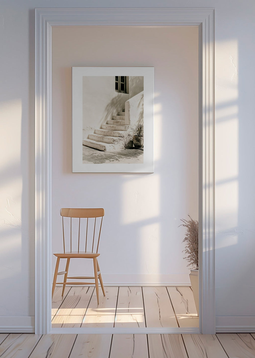 Photograph białe schodki z rośliną