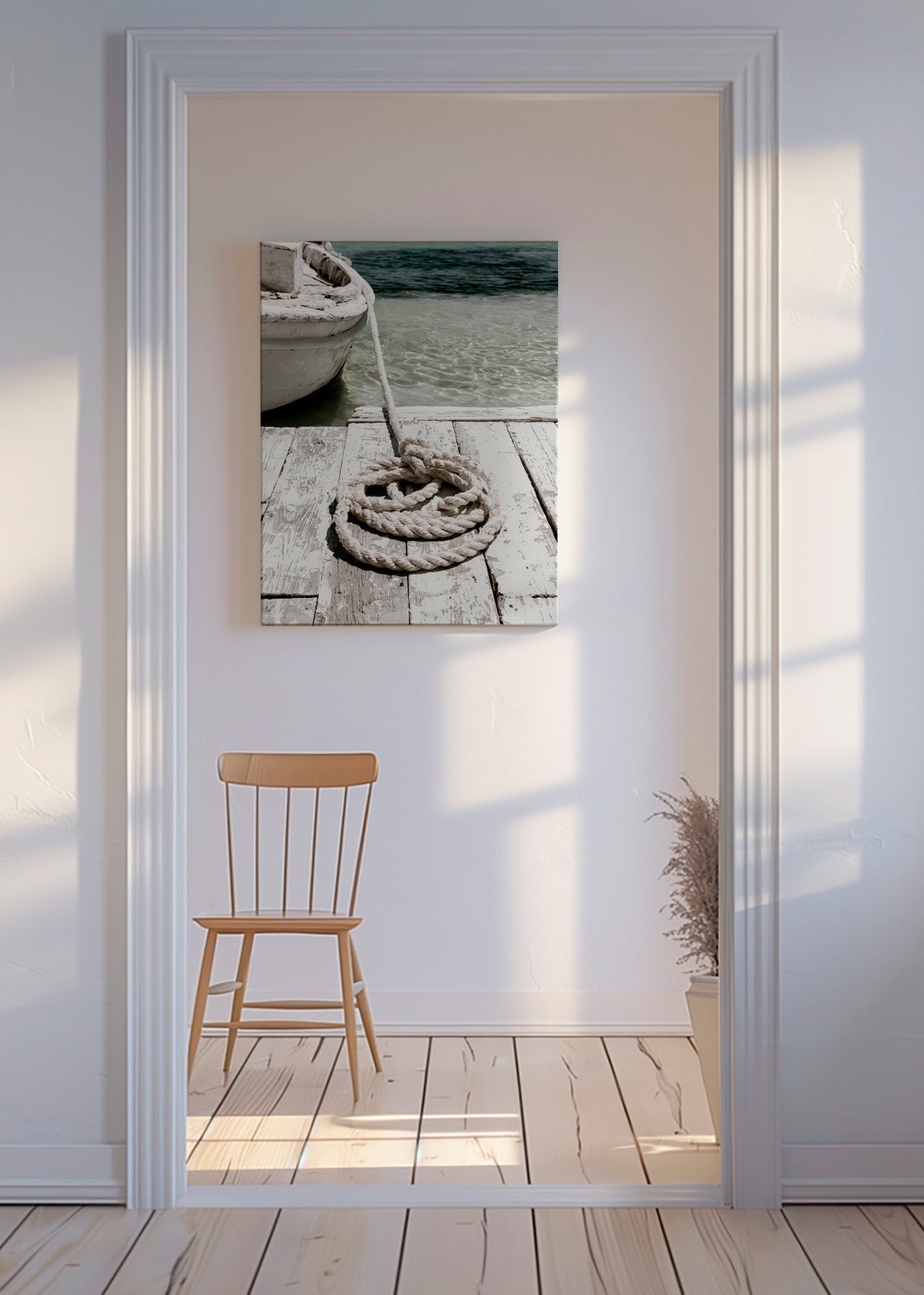 Fotografia molo z liną na pierwszym planie