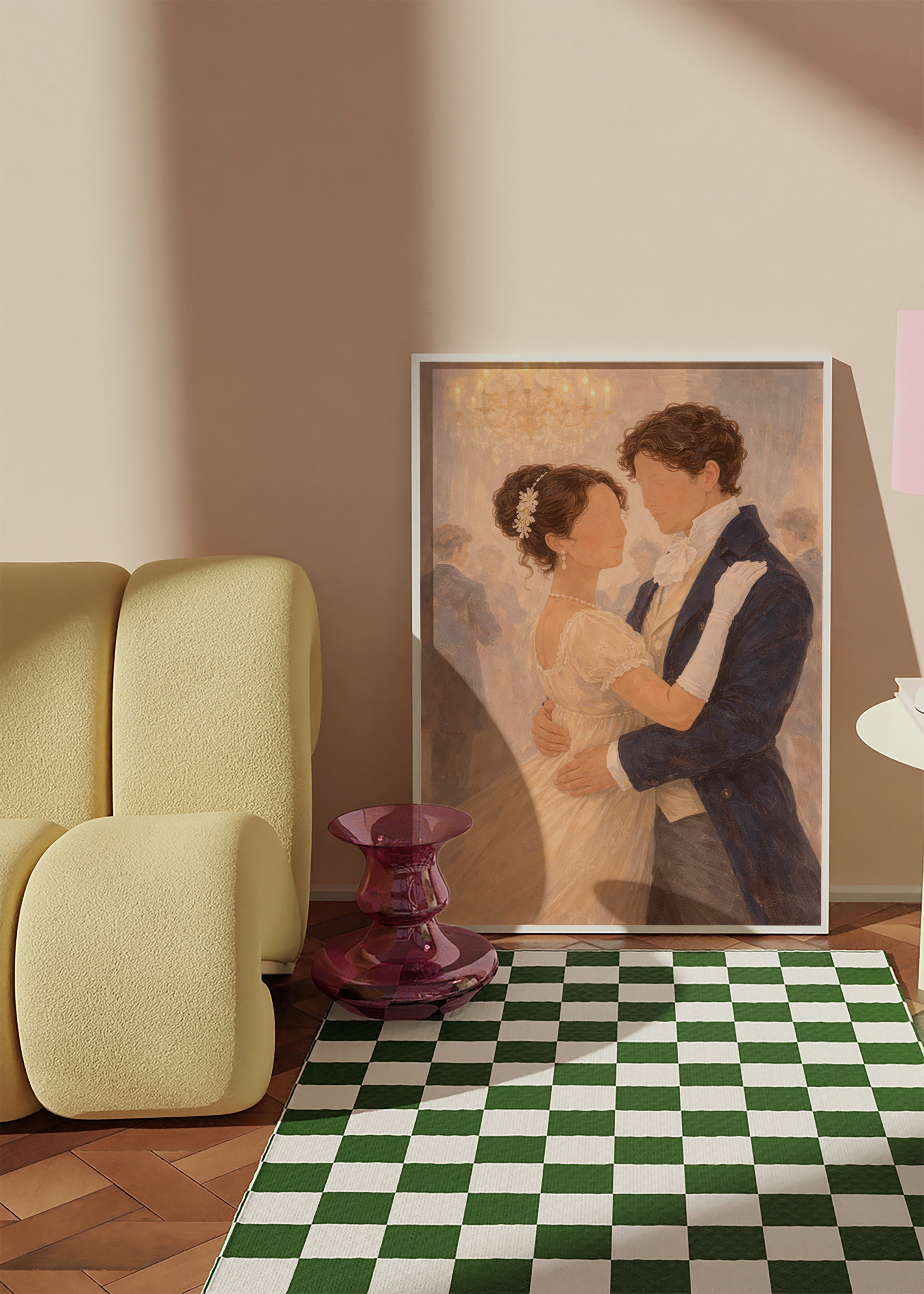 Ilustracja: romantyczny taniec w zabytkowej sali